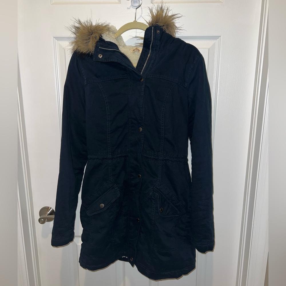 Hollister Navy Blue Winter Coat with Removable Fur Trim Hood